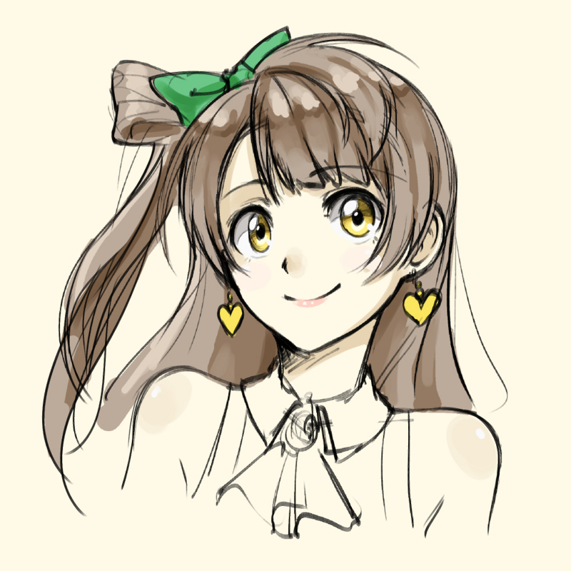 bow brown_hair closed_mouth earrings hair_bow heart heart_earrings jewelry lips long_hair love_live! love_live!_school_idol_project minami_kotori one_side_up pas_(paxiti) portrait sketch smile solo yellow_eyes