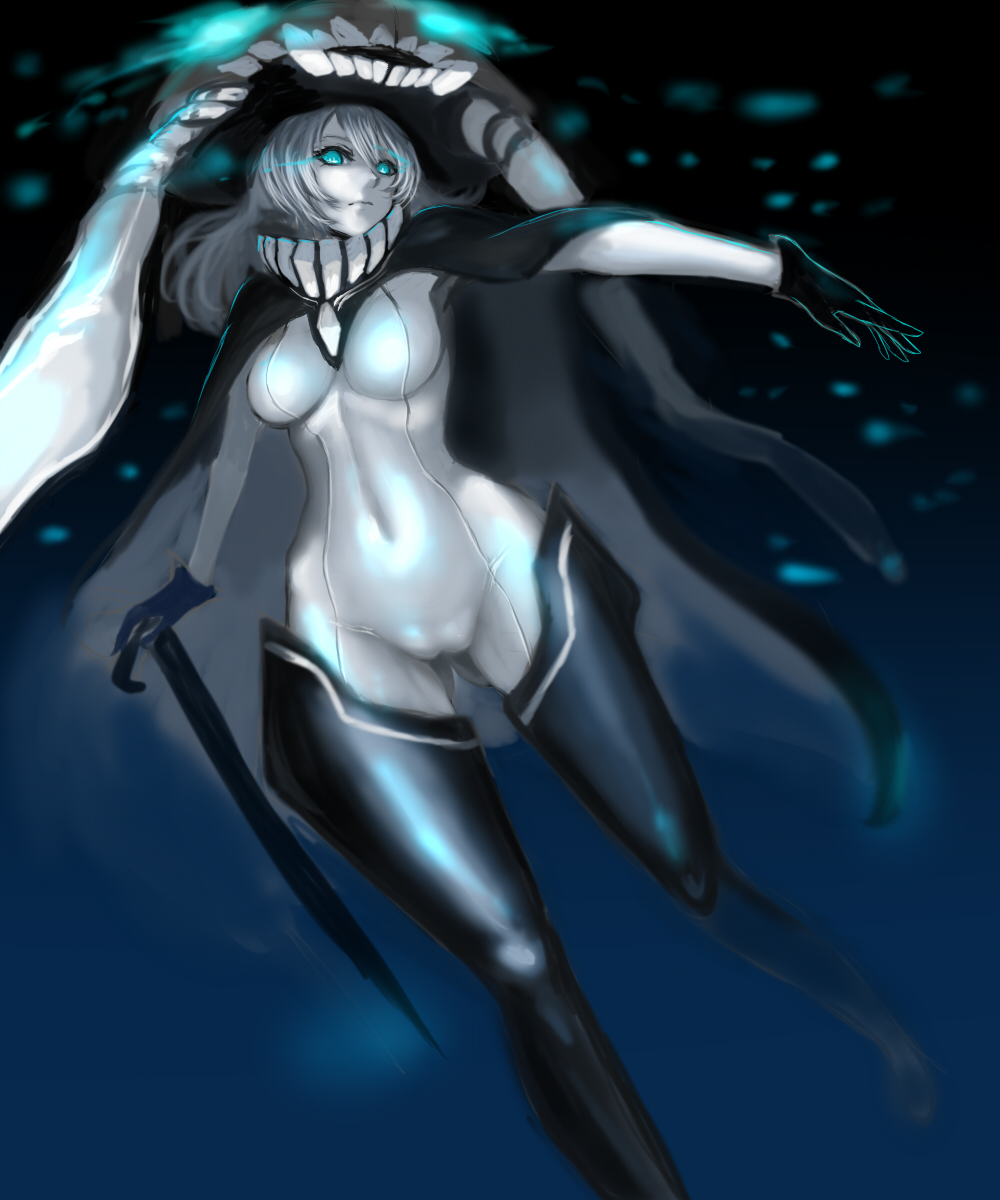 aqua_eyes black_gloves bodysuit boots breasts cameltoe cape covered_navel gloves glowing glowing_eyes headgear highres kantai_collection kumiko_shiba large_breasts long_hair monster pale_skin shinkaisei-kan silver_hair solo thigh_boots thighhighs wo-class_aircraft_carrier