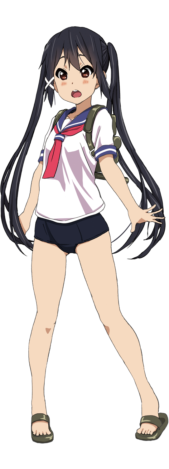 black_hair blush brown_eyes cosplay full_body hair_ribbon highres i-168_(kantai_collection) i-168_(kantai_collection)_(cosplay) k-on! kantai_collection long_hair looking_at_viewer nakano_azusa one-piece_swimsuit open_mouth ribbon round_teeth sandals school_swimsuit school_uniform serafuku short_sleeves solo swimsuit swimsuit_under_clothes teeth transparent_background twintails watanore
