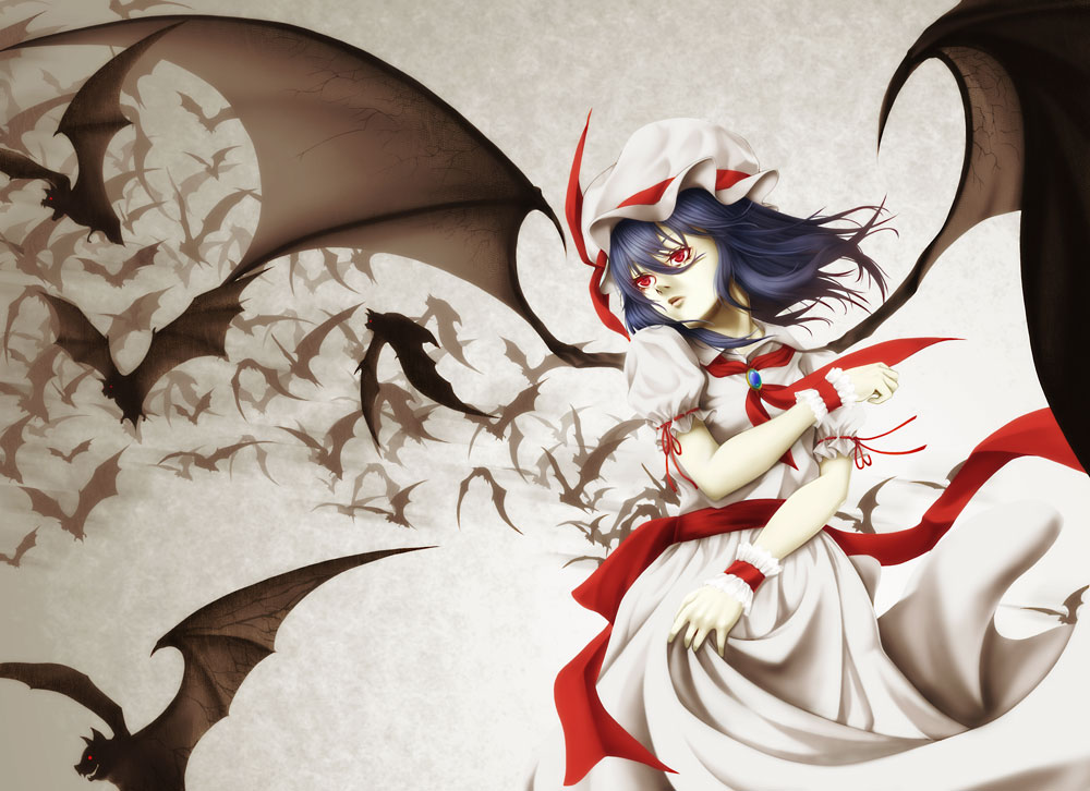 ascot bat bat_wings blue_hair brooch enmatime grey_background hat hat_ribbon jewelry lips mob_cap nose pale_skin parted_lips puffy_short_sleeves puffy_sleeves red_eyes remilia_scarlet ribbon sash short_hair short_sleeves simple_background skirt skirt_set solo touhou wings wrist_cuffs