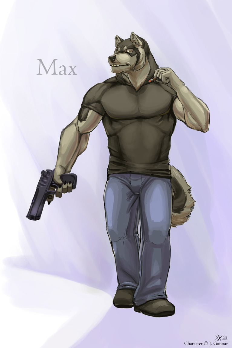 anthro biceps big_muscles black_fur black_nose boots canine cigarette clothing fangs footwear fur grey_fur gun hunk jeans male mammal manful manhood manly manly_as_fuck muscles pants pecs pistol pose ranged_weapon rrowdybeast shirt smoking solo standing stereotype strong teeth toned weapon wolf