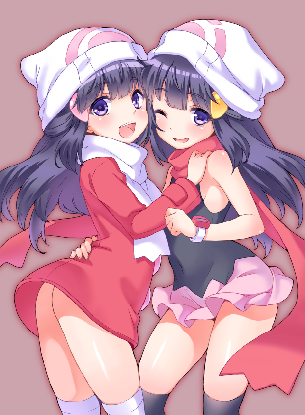 ass bare_shoulders beanie blue_eyes blue_hair blush coat covered_navel dress dual_persona flat_chest hat hikari_(pokemon) holding_hands long_hair multiple_girls no_panties one_eye_closed open_mouth pokemon pokemon_(game) pokemon_dppt pokemon_platinum purple_eyes red_scarf scarf short_dress shouni_(sato3) skirt smile thighhighs watch white_scarf winter_clothes