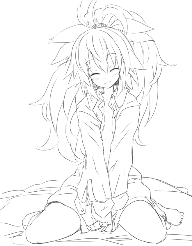blush facing_viewer fiana_else greyscale long_hair monochrome naked_shirt open_clothes open_shirt pixiv_fantasia shirt simple_background sitting sketch smile solo v_arms wariza white_background yu-ves