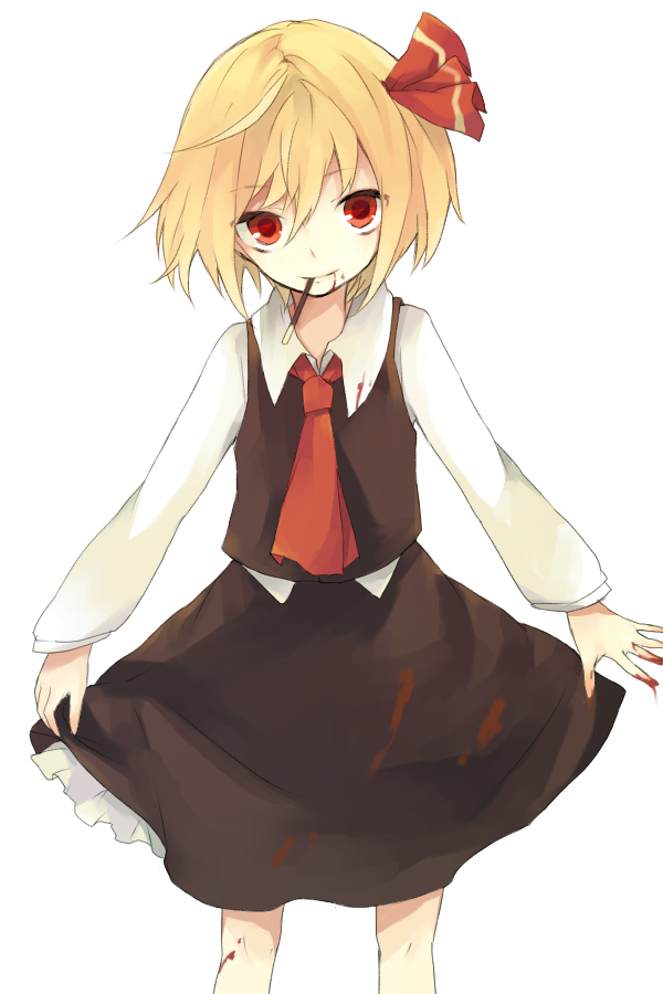 blonde_hair blood bloody_clothes bow food hasunokaeru mouth_hold pocky red_eyes rumia smile solo touhou white_background