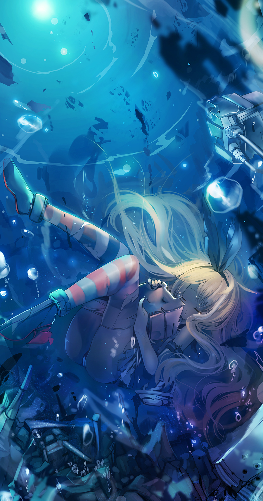 air_bubble black_panties blonde_hair boots bubble closed_eyes elbow_gloves fuyouchu gloves hairband highres hug kantai_collection long_hair panties rensouhou-chan shimakaze_(kantai_collection) sinking striped striped_legwear submerged tears thighhighs torn_clothes torn_legwear underwater underwear white_gloves