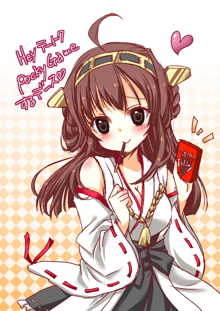 ahoge argyle argyle_background braid breasts brown_eyes brown_hair cleavage detached_sleeves food food_in_mouth hairband heart japanese_clothes kantai_collection kongou_(kantai_collection) looking_at_viewer medium_breasts mouth_hold narusemia nontraditional_miko pocky pocky_day solo translated wide_sleeves