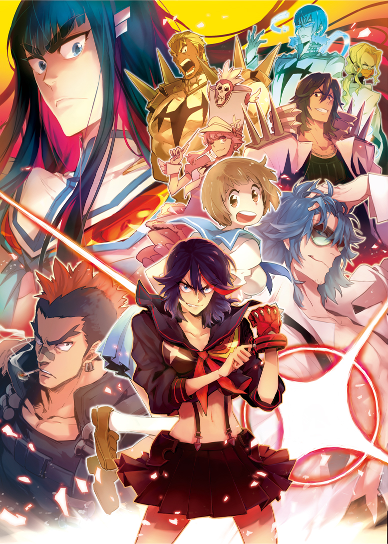 6+boys blue_sailor_collar cigarette everyone frown gamagoori_ira geiyajin gloves grin hand_in_hair hat inumuta_houka iori_shirou jakuzure_nonon junketsu kill_la_kill kinagase_tsumugu kiryuuin_satsuki mankanshoku_mako matoi_ryuuko midriff mikisugi_aikurou mohawk multiple_boys multiple_girls navel sailor_collar sanageyama_uzu school_uniform senketsu serafuku shako_cap single_glove skirt smile sunglasses suspenders