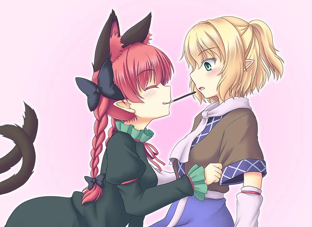 animal_ears blonde_hair blush bow braid cat_ears cat_tail closed_eyes dress extra_ears food green_eyes hair_bow isaki_(gomi) kaenbyou_rin long_hair mizuhashi_parsee multiple_girls multiple_tails pocky pointy_ears ponytail red_hair short_hair simple_background smile tail touhou twin_braids twintails yuri