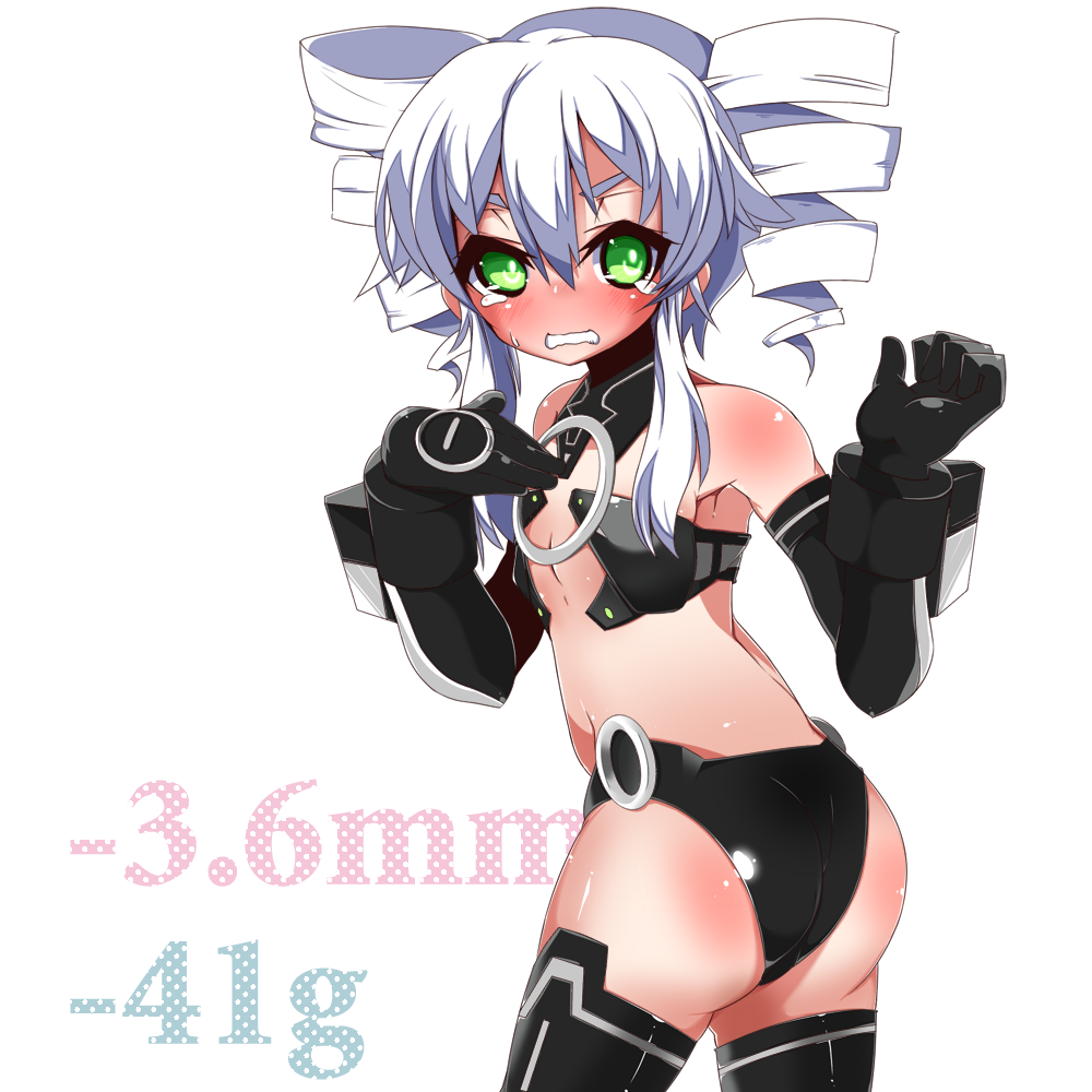 1girl artist_request ass bare_shoulders bikini black_sister blush choker choujigen_game_neptune choujigen_game_neptune_mk2 drill_hair elbow_gloves embarrassed flat_chest from_behind gloves green_eyes hand_on_chest hand_on_own_chest long_hair looking_at_viewer measurements neptune_(series) open_mouth shiny shiny_skin solo swimsuit symbol-shaped_pupils teardrop tears thighhighs twin_drills uni_(choujigen_game_neptune) wavy_mouth white_hair