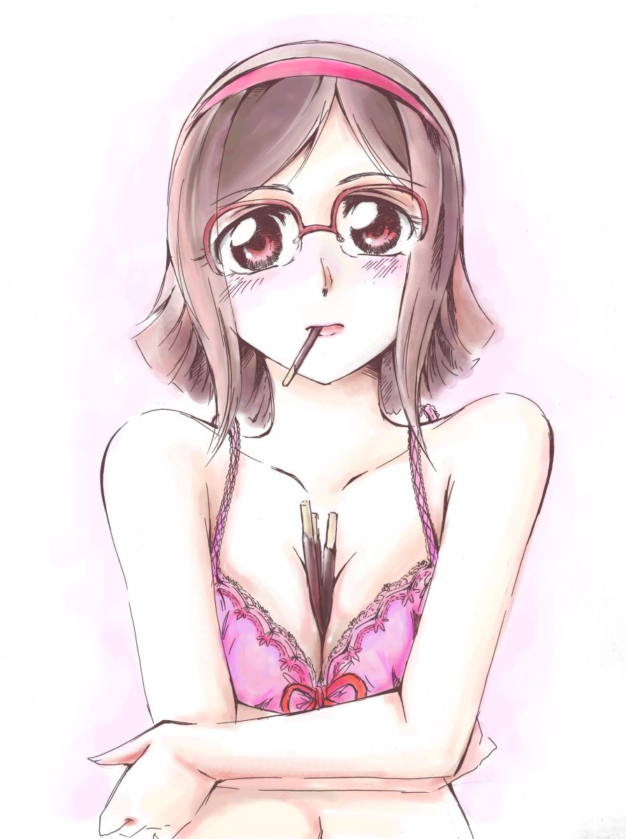 between_breasts blush bra breasts brown_hair food glasses gundam gundam_build_fighters hairband highres jason_(kaiten_kussaku_kikou) kousaka_china lips looking_at_viewer medium_breasts over-rim_eyewear pocky pocky_day red-framed_eyewear red_eyes semi-rimless_eyewear short_hair solo underwear underwear_only