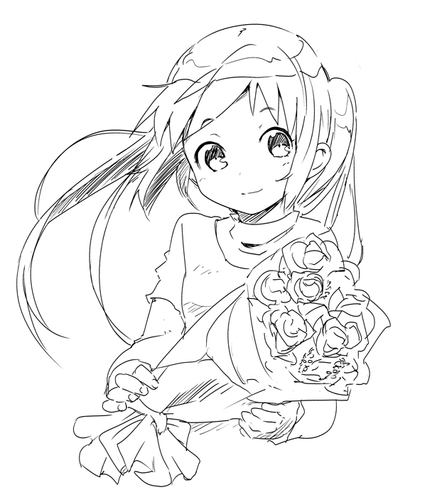bouquet character_request flower greyscale long_hair looking_at_viewer monochrome simple_background smile solo watarai_keiji white_background