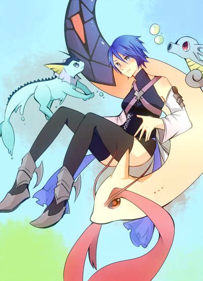 1girl aqua_(kingdom_hearts) artist_request bare_shoulders blue_eyes blue_hair blush boots breasts bubble bubbles crossover horsea kingdom_hearts kingdom_hearts_birth_by_sleep milotic pokemon short_hair smile thighhighs vaporeon water