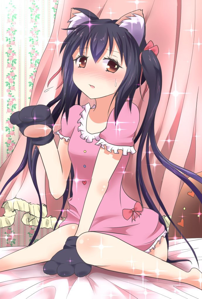 animal_ears bad_id bad_pixiv_id black_hair brown_eyes cat_ears dress gloves k-on! long_hair mickeysmith nakano_azusa paw_gloves paws twintails