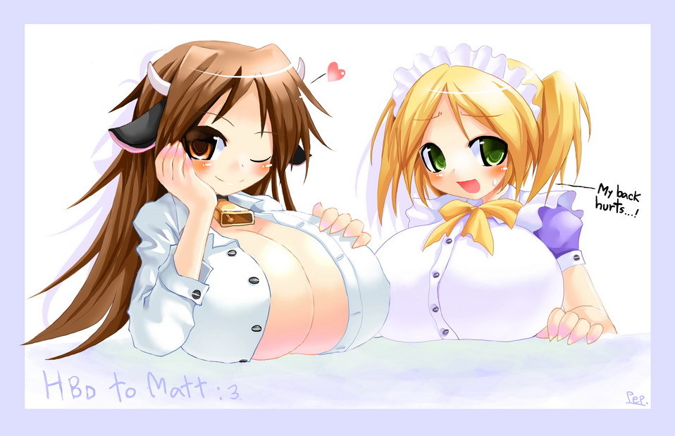 animal_ears bell bell_collar blonde_hair blush borrowed_character breasts brown_eyes brown_hair chin_rest collar cow_bell cow_ears cow_girl cow_horns ego_trigger emperpep green_eyes horns huge_breasts impossible_clothes long_hair maid maid_headdress mattie_(ego_trigger) multiple_girls one_eye_closed open_clothes open_shirt original otome_(ego_trigger) shirt short_twintails sweatdrop twintails unbuttoned