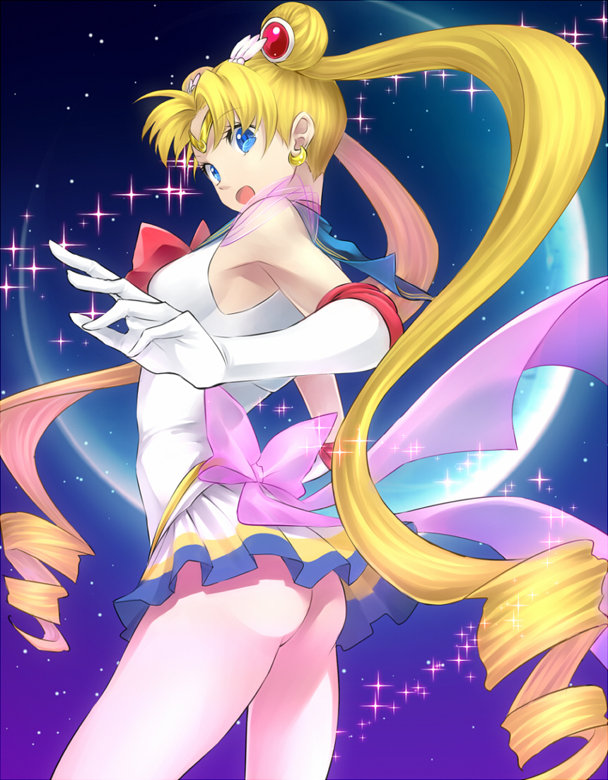 :o ass back_bow bishoujo_senshi_sailor_moon blonde_hair blue_background blue_eyes blue_sailor_collar bow crescent_moon double_bun earrings elbow_gloves gloves hair_ornament hairpin jewelry long_hair magical_girl miniskirt moon multicolored multicolored_clothes multicolored_skirt ourin red_bow ribbon sailor_collar sailor_moon sailor_senshi_uniform skirt solo sparkle super_sailor_moon surprised tiara tsukino_usagi twintails white_gloves