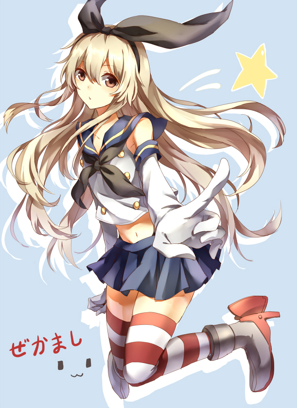 :3 blonde_hair blue_background boots elbow_gloves gloves grey_footwear hairband kantai_collection long_hair matako navel red_eyes shimakaze_(kantai_collection) skirt solo star striped striped_legwear thighhighs white_gloves