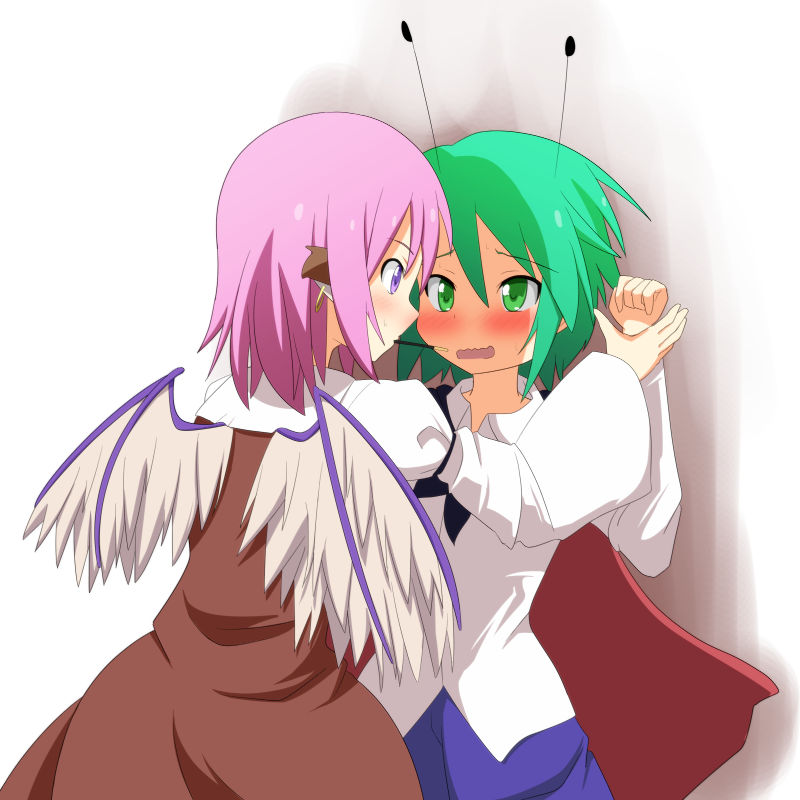 against_wall antennae armband bird_wings blush cape cato_(monocatienus) dress dress_shirt eye_contact food green_eyes green_hair jewelry long_sleeves looking_at_another multiple_girls mystia_lorelei no_hat no_headwear open_mouth pink_hair pocky purple_eyes shadow shirt short_hair simple_background single_earring touhou wavy_mouth white_background wings wriggle_nightbug wrist_grab yuri