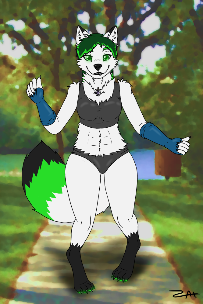black_fur bra breasts canine clothed clothing elbow_gloves female fox fur gloves grass green_eyes green_fur green_hair hair looking_at_viewer mammal piercing sign smile solo tree underwear water white_fur zaigane