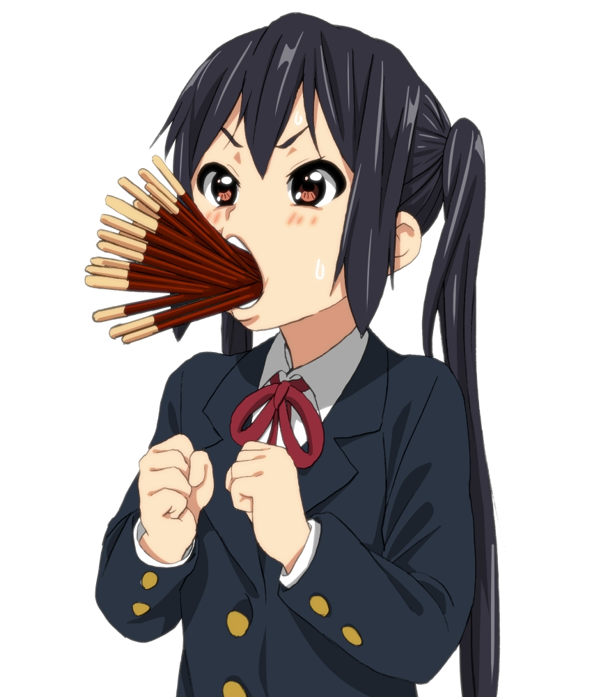 black_hair blazer blush brown_eyes food jacket k-on! long_hair long_sleeves meme mouth_hold nakano_azusa pocky pocky_day sakuragaoka_high_school_uniform school_uniform simple_background solo twintails watanore white_background you're_doing_it_wrong