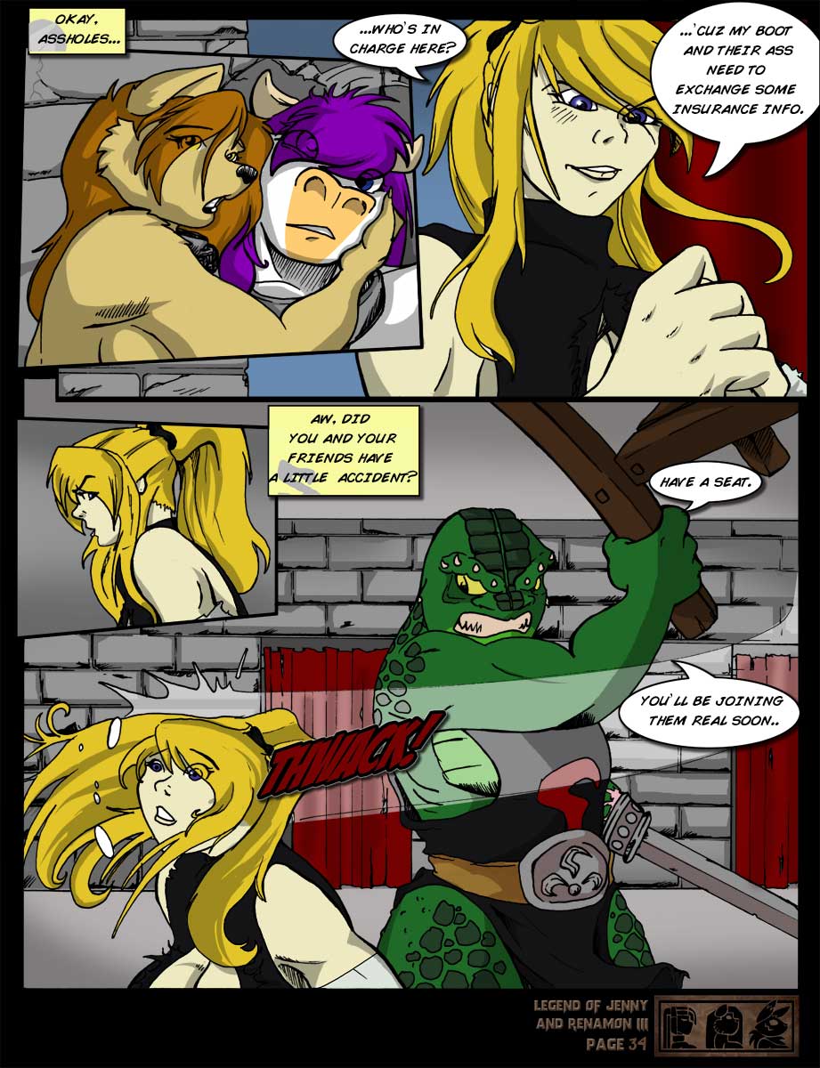 2013 angry anthro big_breasts blonde_hair bovine breasts canine cattle chair cleavage clothed clothing comic crossover dialog english_text female general_scales hair human lizard long_hair male mammal metroid nintendo orange_hair purple_hair reptile samus_aran scalie star_fox sword text video_games weapon yawg