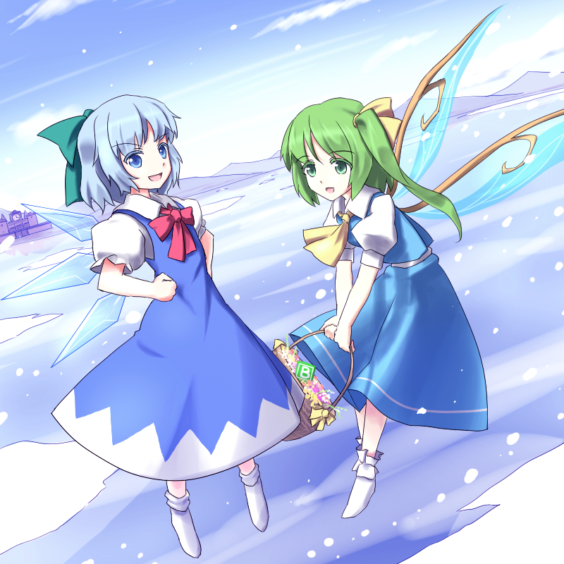 ankle_socks ascot bad_id bad_pixiv_id basket blue_eyes blue_hair blue_sky bow cirno cloud colored_eyelashes daiyousei day dress dutch_angle fairy_wings flower flying green_eyes green_hair hair_bow hands_on_hips ice ice_wings lake looking_at_viewer minust mountain multiple_girls no_shoes open_mouth power-up puffy_short_sleeves puffy_sleeves ribbon scarlet_devil_mansion short_hair short_sleeves side_ponytail skirt skirt_set sky snow snowing touhou wings
