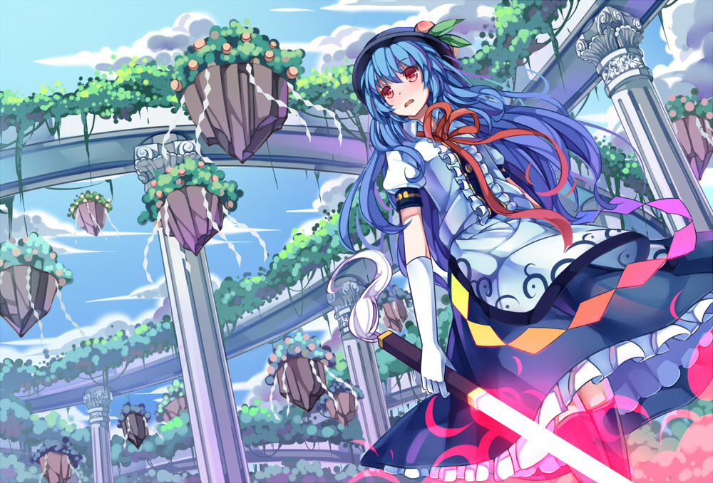 blue_hair blue_sky blush cloud day elbow_gloves floating_rock food fruit gloves glowing glowing_sword glowing_weapon hat hinanawi_tenshi koxo-01 long_hair open_mouth peach pillar pink_eyes puffy_sleeves shirt short_sleeves skirt sky solo sword_of_hisou touhou very_long_hair weapon white_gloves