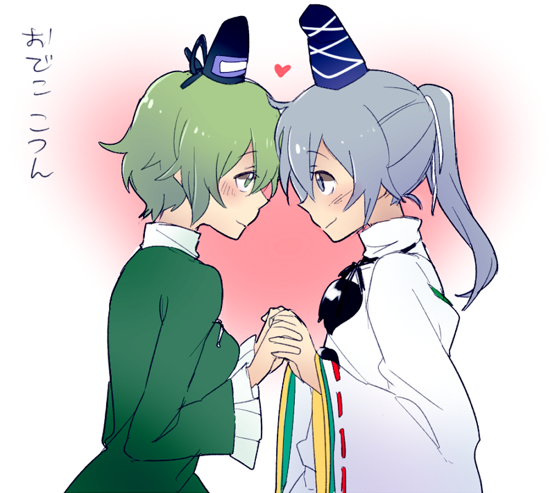 blush eye_contact face-to-face forehead-to-forehead green_eyes green_hair hat heart holding_hands interlocked_fingers looking_at_another mononobe_no_futo multiple_girls ponytail short_hair silver_hair six_(fnrptal1010) smile soga_no_tojiko tate_eboshi touhou translated wide_sleeves yuri