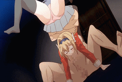 animated animated_gif black_legwear blonde_hair blush censored clothed_female_nude_male elcia_harvence erect_nipples eyes_closed fellatio hairband handstand koikishi_purely_kiss lowres oral panties penis pink_panties sex skirt thighhighs underwear upside-down