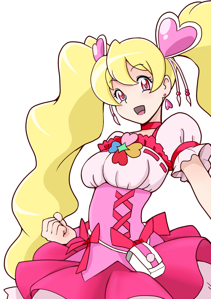 bakusai blonde_hair bow brooch choker clenched_hand corset cure_peach earrings fresh_precure! hair_ornament heart heart_hair_ornament jewelry long_hair magical_girl momozono_love pink_bow pink_choker pink_skirt precure puffy_sleeves red_eyes skirt smile solo twintails white_background
