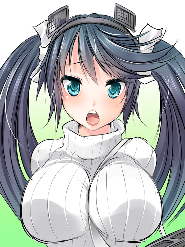 between_breasts black_hair blush breasts green_eyes isuzu_(kantai_collection) kantai_collection large_breasts long_hair looking_at_viewer maki_(seventh_heaven_maxion) open_mouth ribbed_sweater ribbon sketch solo strap_cleavage sweater turtleneck twintails