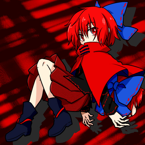 bow capelet disembodied_head gimicalmas hair_bow head_hold holding_head large_bow lowres red_eyes red_hair sekibanki short_hair touhou