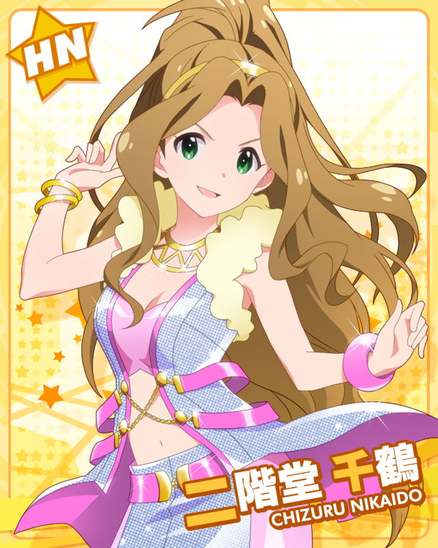 :d bracelet brown_hair character_name green_eyes hairband idolmaster idolmaster_million_live! jewelry long_hair looking_at_viewer million_dreams navel necklace nikaidou_chizuru official_art open_mouth ponytail skirt smile very_long_hair