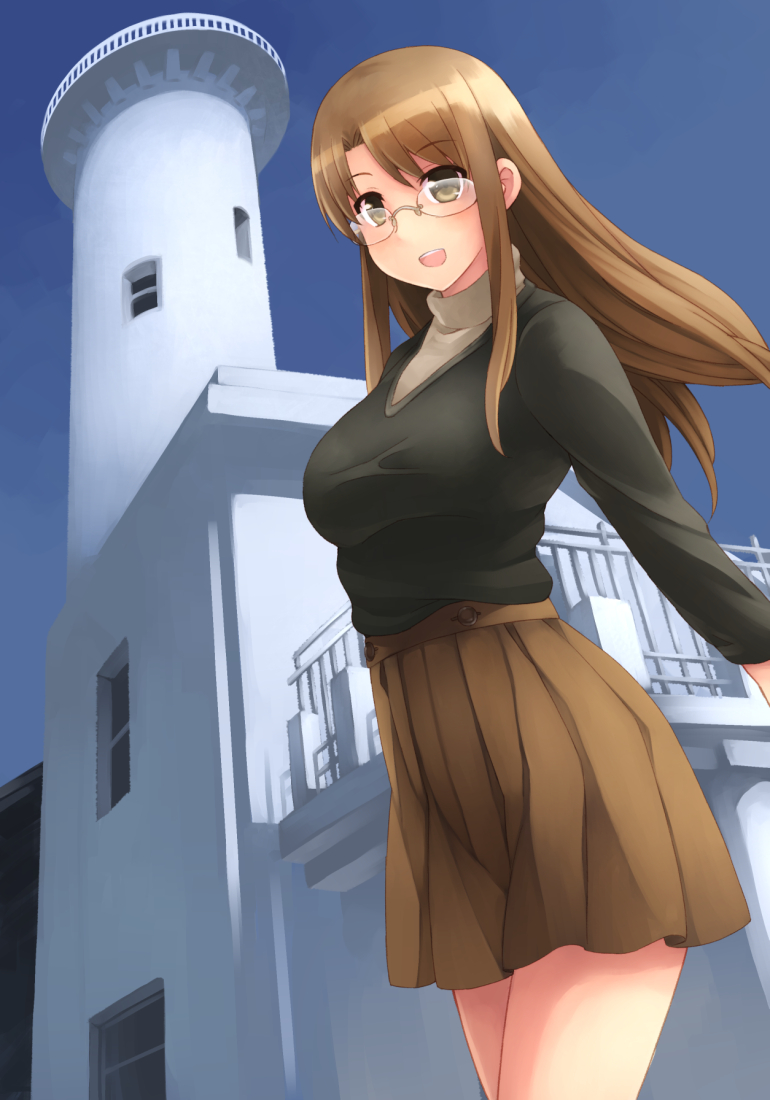 :d akemiho_tabi_nikki bad_id bad_pixiv_id blush breasts brown_eyes brown_hair day glasses house kouno_hikaru landmark large_breasts long_hair looking_at_viewer open_mouth oribe_shiori skirt sky smile sweater turtleneck