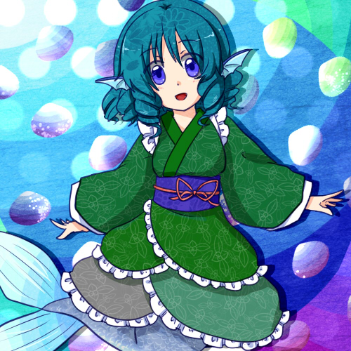 blue_eyes blue_hair drill_hair gimicalmas head_fins japanese_clothes kimono lowres mermaid monster_girl touhou wakasagihime