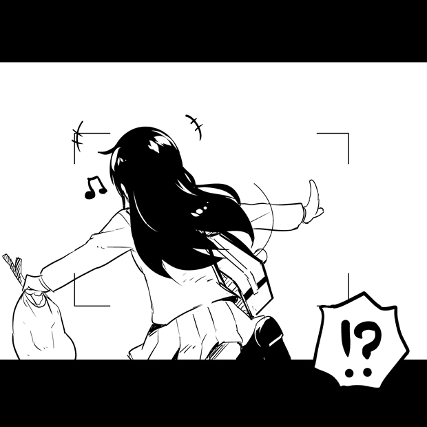 1girl aragaki_ayase beamed_eighth_notes from_behind greyscale letterboxed long_hair monochrome musical_note ore_no_imouto_ga_konna_ni_kawaii_wake_ga_nai outstretched_arms simple_background skirt solo viewfinder watarai_keiji white_background