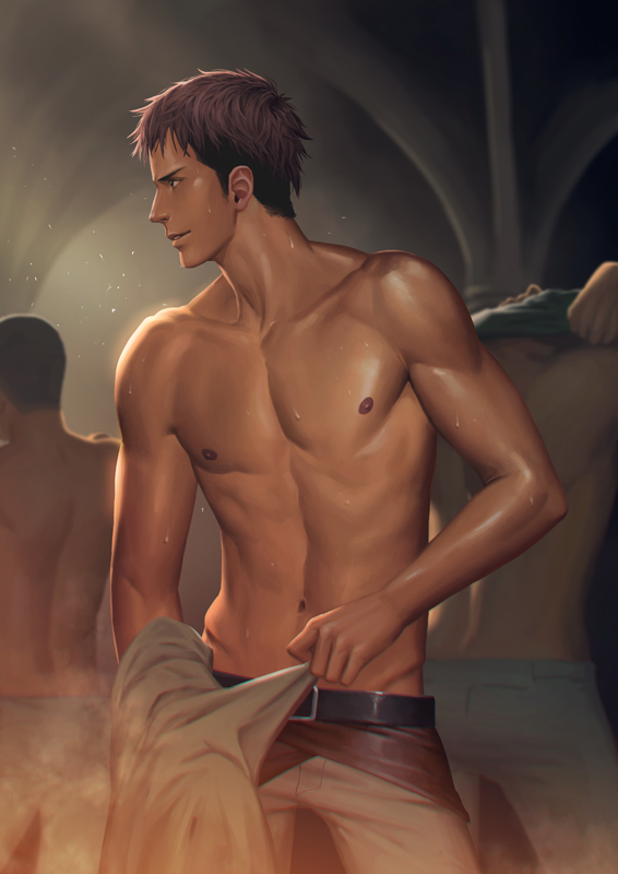 abs black_hair changing_clothes changing_room jean_kirchstein male_focus multiple_boys navel nipples penguin_frontier shingeki_no_kyojin shirtless solo_focus sweat