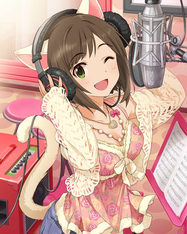 ;d animal_ears artist_request brown_hair cat_ears cat_tail fang green_eyes headphones heart heart_necklace idolmaster idolmaster_cinderella_girls jewelry maekawa_miku necklace official_art one_eye_closed open_mouth short_hair smile solo tail