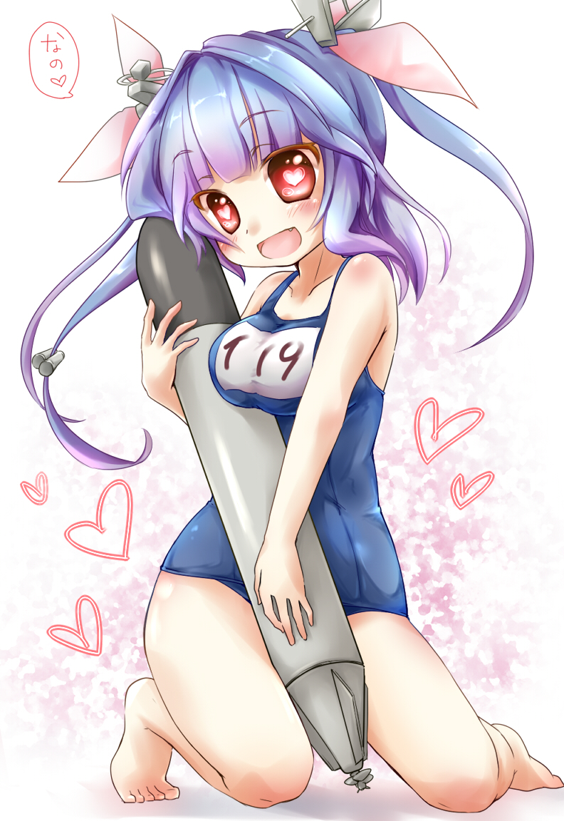 blue_hair breasts fang hair_ornament hair_ribbon heart i-19_(kantai_collection) kantai_collection large_breasts long_hair name_tag one-piece_swimsuit open_mouth red_eyes ribbon school_swimsuit smile solo star star-shaped_pupils suzu_(yumesora) swimsuit symbol-shaped_pupils torpedo twintails