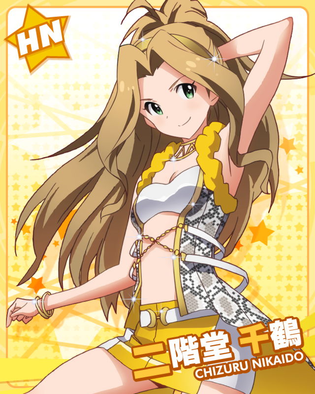 &gt;:) bracelet brown_hair character_name green_eyes hairband idolmaster idolmaster_million_live! jewelry long_hair looking_at_viewer necklace nikaidou_chizuru official_art pointing pointing_at_viewer ponytail skirt smile v-shaped_eyebrows very_long_hair