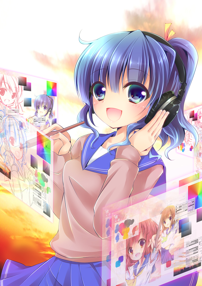 :d bad_hands bangs blue_eyes blue_hair blush enjoy_mix eyebrows_visible_through_hair hair_between_eyes happy headphones holographic_interface long_sleeves looking_at_viewer monitor open_mouth original ponytail quill school_uniform short_hair skirt sky smile solo sweater