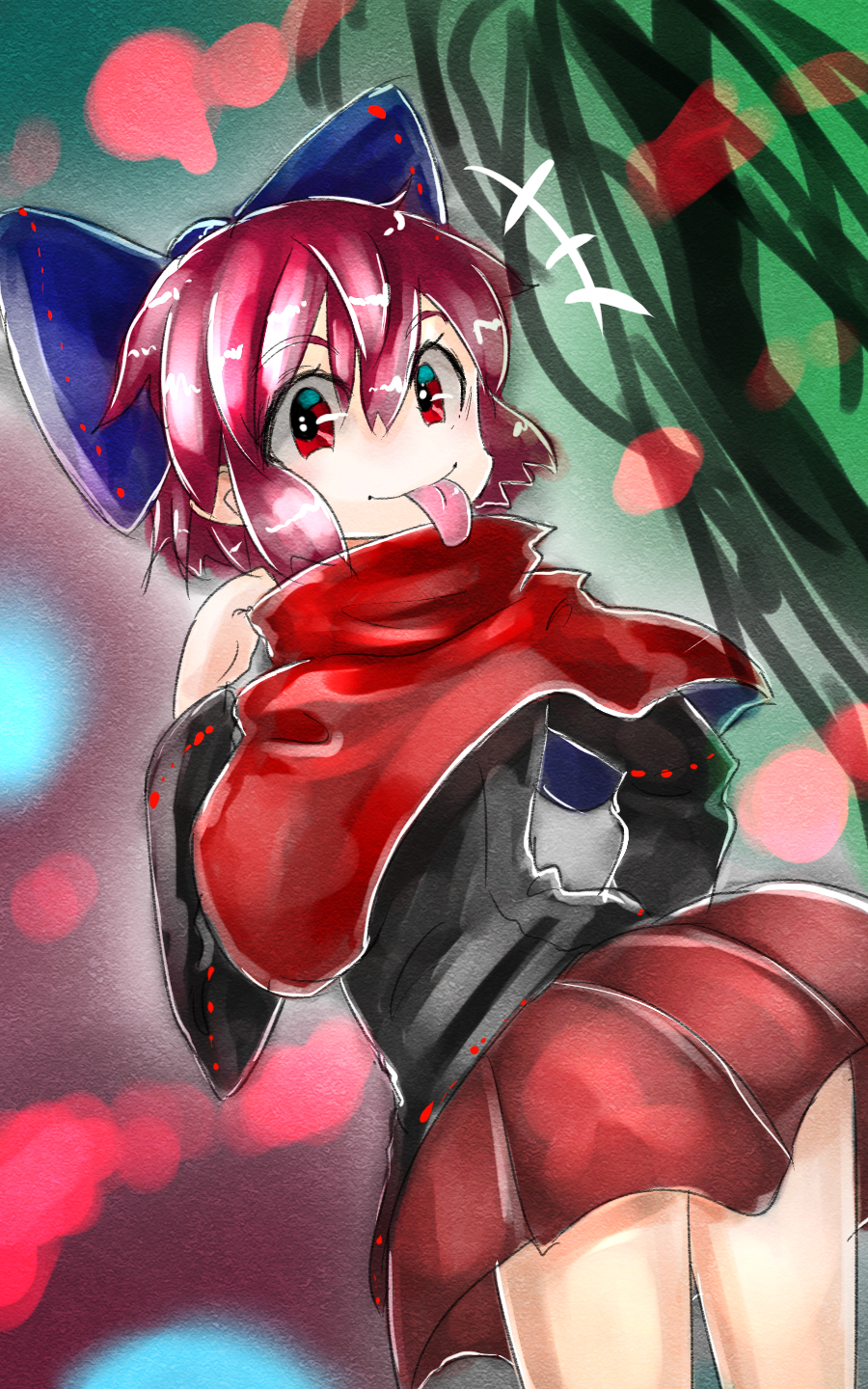 :p bow cape disembodied_head from_behind hair_bow hashiro highres long_sleeves looking_back miniskirt nukekubi pleated_skirt red_eyes red_hair red_skirt sekibanki short_hair skirt smile solo tongue tongue_out touhou