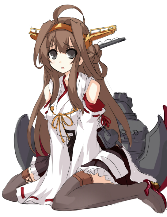 :o ahoge black_eyes boots brown_hair detached_sleeves grey_eyes kantai_collection kongou_(kantai_collection) long_hair looking_at_viewer open_mouth ribbon-trimmed_sleeves ribbon_trim sidelocks simple_background sitting sleeves_past_wrists solo thigh_boots thighhighs v_arms very_long_hair wariza white_background yu-ves