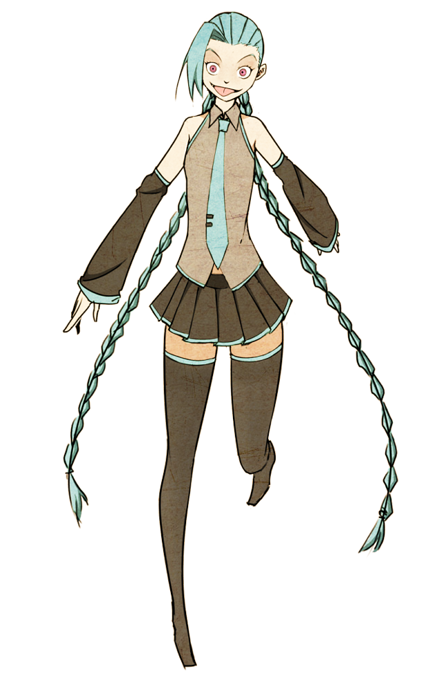 1girl cosplay detached_sleeves hairline hatsune_miku_(cosplay) jinx_(league_of_legends) league_of_legends necktie skirt thighhighs twintails vocaloid