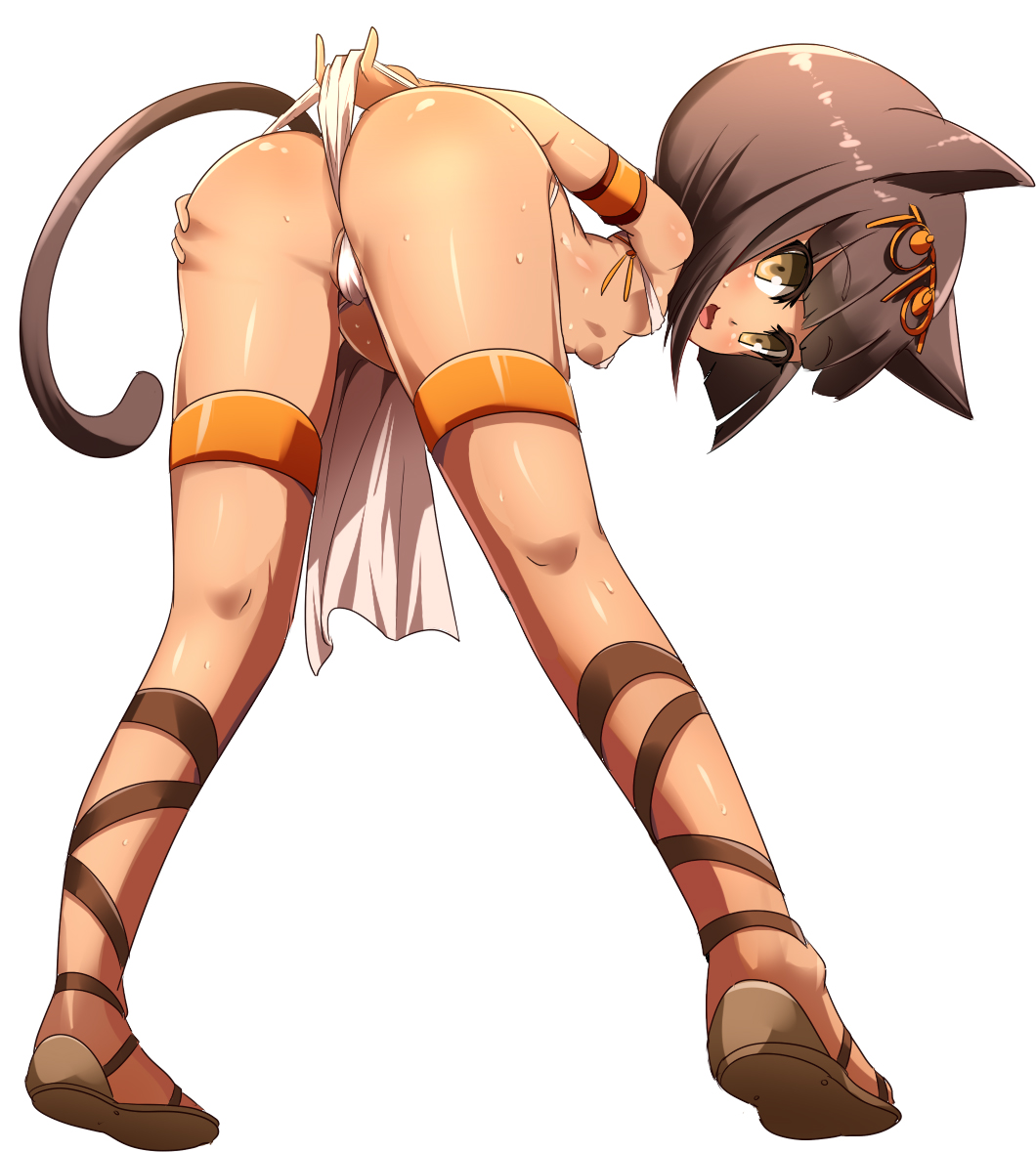 animal_ears ankle_lace-up armlet ass breasts brown_eyes cat_ears cat_tail cross-laced_footwear kneepits loincloth original petite sandals short_hair simple_background small_breasts solo tail umakatsuhai white_background