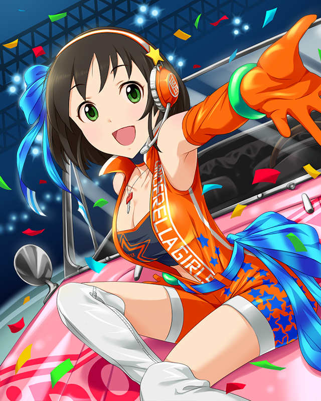 artist_request black_hair car dutch_angle gloves green_eyes ground_vehicle harada_miyo headphones idolmaster idolmaster_cinderella_girls jewelry key looking_at_viewer motor_vehicle necklace official_art open_mouth outstretched_hand race_queen ribbon short_hair smile solo star