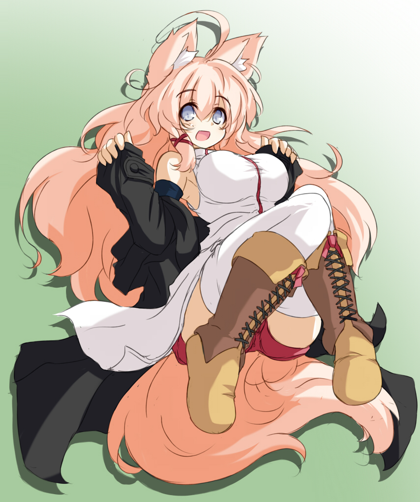 animal_ears borrowed_character breasts large_breasts long_hair looking_at_viewer open_mouth original plum_(mudaikun) smile solo tail thighhighs very_long_hair white_legwear yu-ves