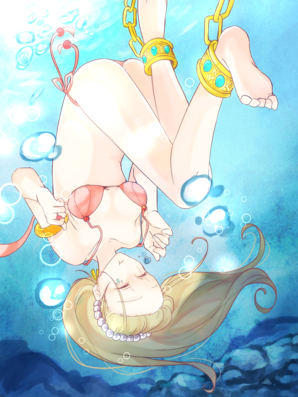 ankle_cuffs anklet armlet barefoot bikini blonde_hair bubble closed_eyes diving feet freediving holding_breath jewelry long_hair ocean original pearl ring rock solo swimsuit underwater upside-down water wisterian06