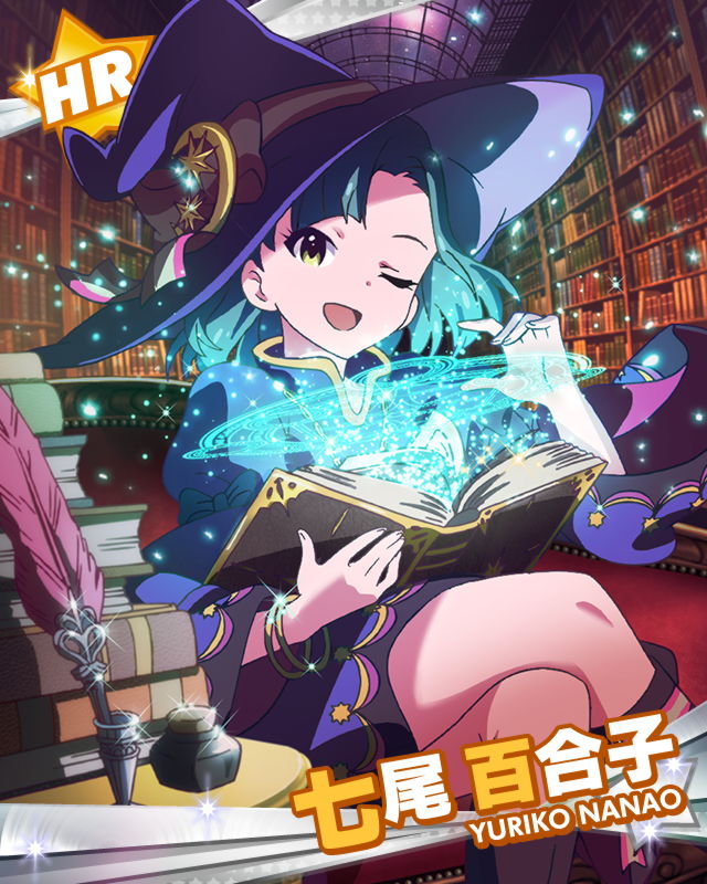 ;d blue_hair book bookshelf bracelet card_(medium) character_name crossed_legs hat idolmaster idolmaster_million_live! inkwell jewelry looking_at_viewer magic magic_circle nanao_yuriko official_art one_eye_closed open_mouth quill sitting skirt smile sparkle witch_hat yellow_eyes