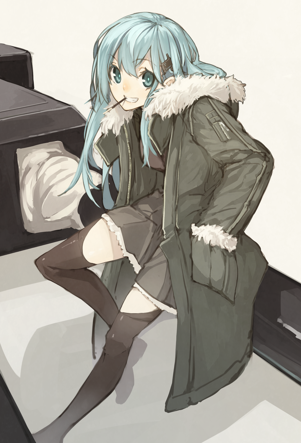 aqua_eyes aqua_hair black_legwear coat food fur_trim hair_ornament hairclip hands_in_pockets highres kantai_collection long_hair looking_at_viewer pocky senmu smile solo suzuya_(kantai_collection) thighhighs turret zettai_ryouiki