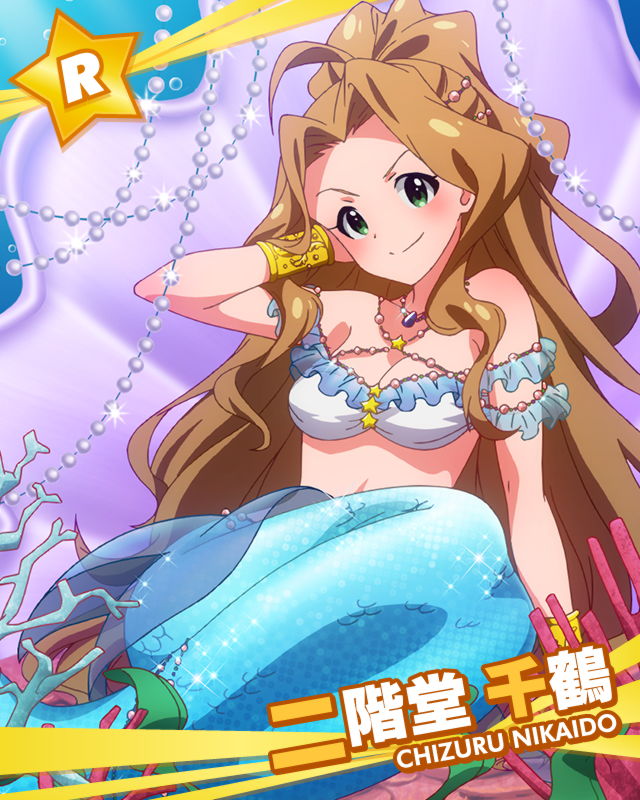 &gt;:) blush brown_hair character_name coral green_eyes hand_on_head idolmaster idolmaster_million_live! jewelry long_hair looking_at_viewer mermaid_costume necklace nikaidou_chizuru official_art ponytail pose smile v-shaped_eyebrows